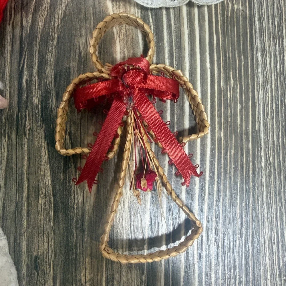 Vintage Angel Ornament Set 3pc Fabric Lace Woven Straw Christmas Folk Art Decor
